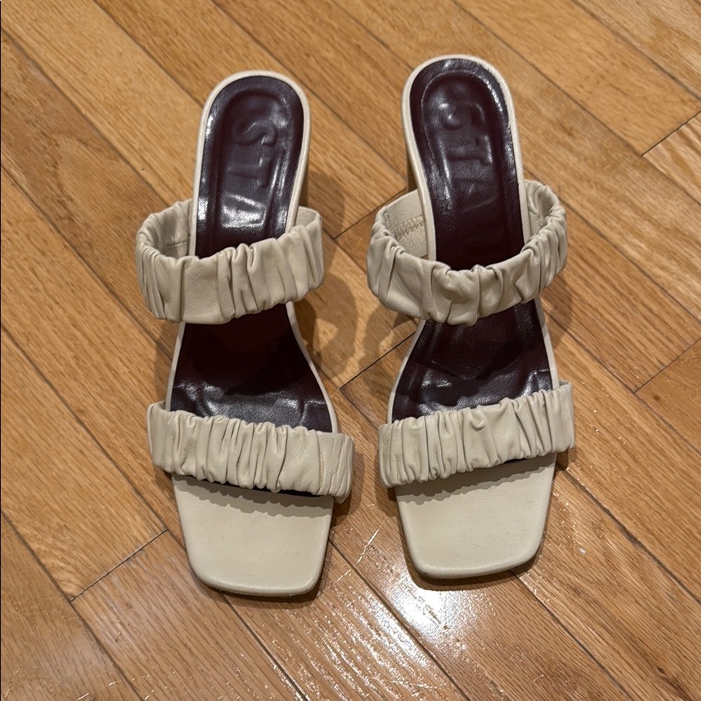 STAUD Cream Ruffled Mules